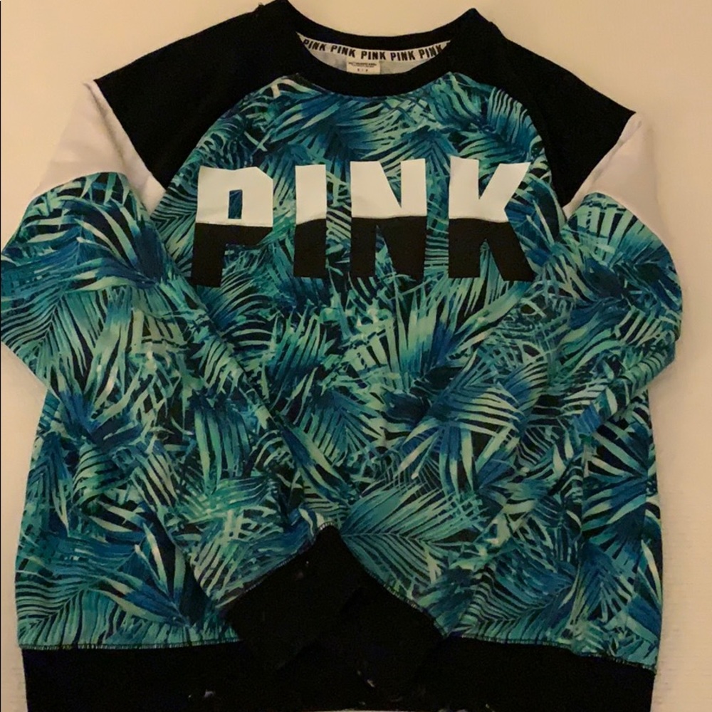 PINK leaf print crew neck sweatshirt